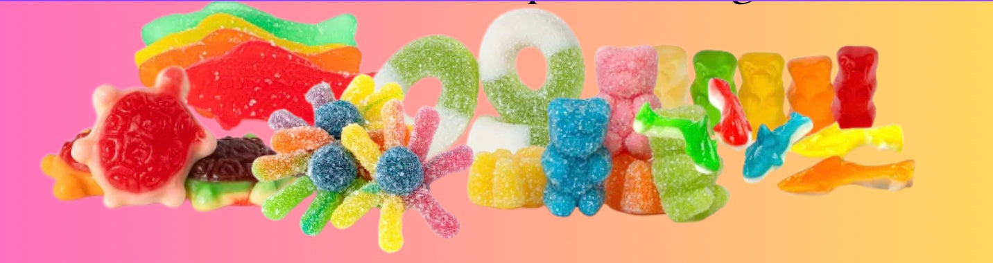 Colorful gummy candy letters spelling out 'Gummy' on a pink and orange gradient background.